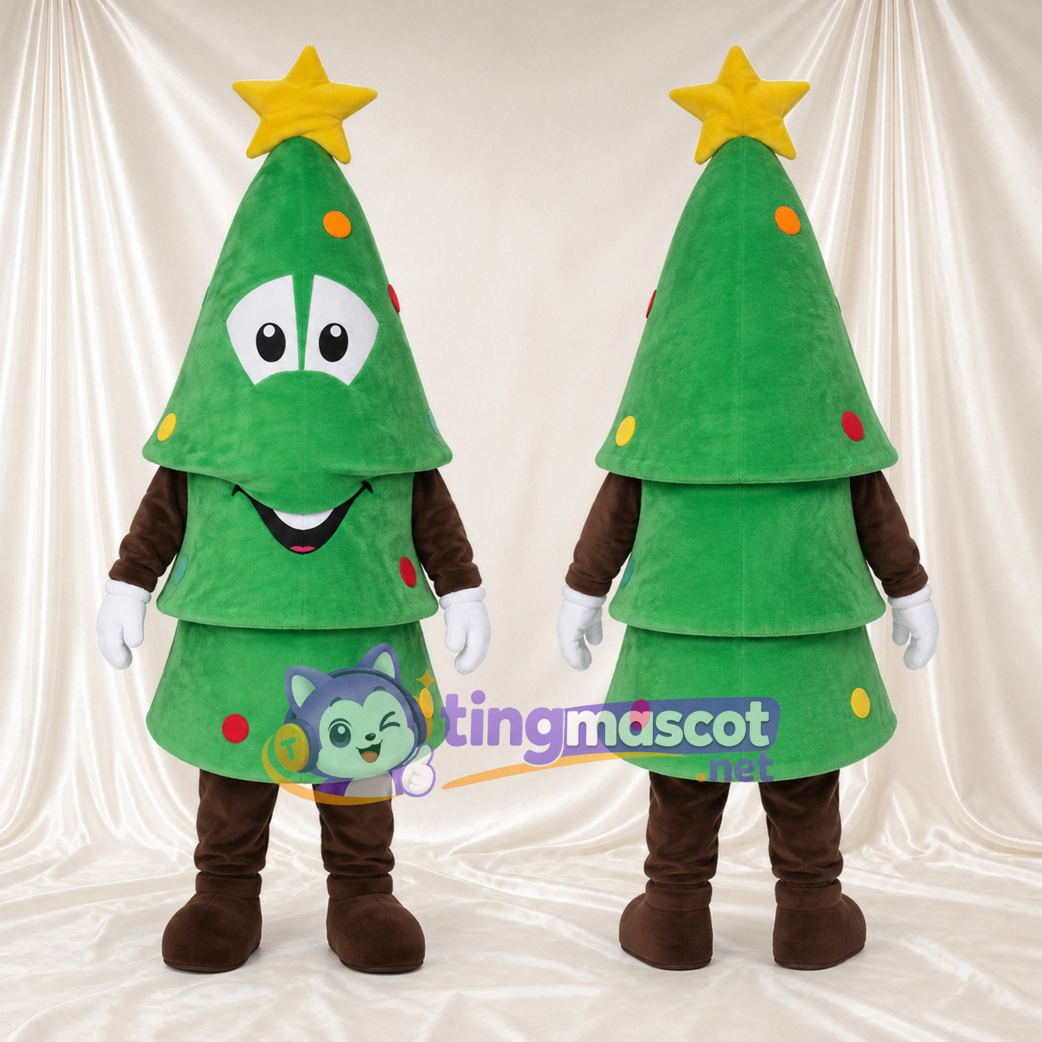Maskottchenkostüm Weihnachtsbaum – grün – Stern (gelb); Handschuhe (weiß) Maskottchenkostüm Weihnachtsbaum – grün – Stern (gelb); Handschuhe (weiß)