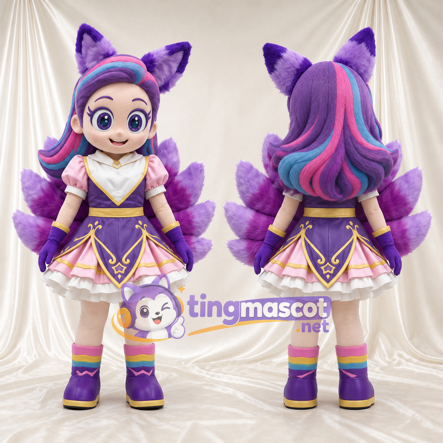 Princess Mascot Costume - Purple Dress and Fox Ears, Multiple Tails and Purple and Pink Hair Princess Mascot Costume - Purple Dress and Fox Ears, Multiple Tails and Purple and Pink Hair