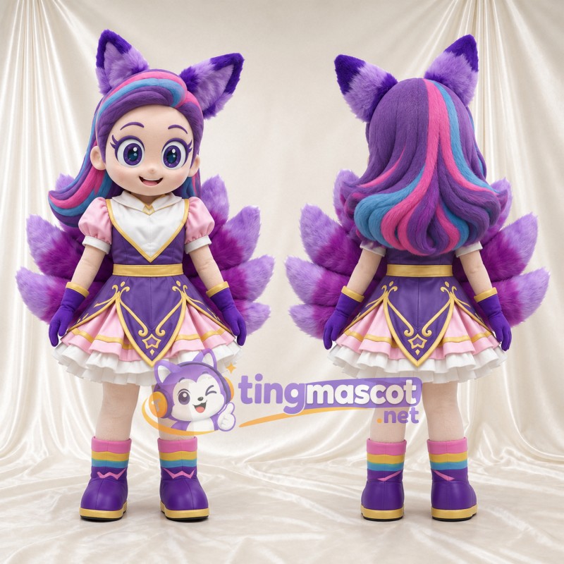 Princess Mascot Costume - Purple Dress and Fox Ears, Multiple Tails and Purple and Pink Hair