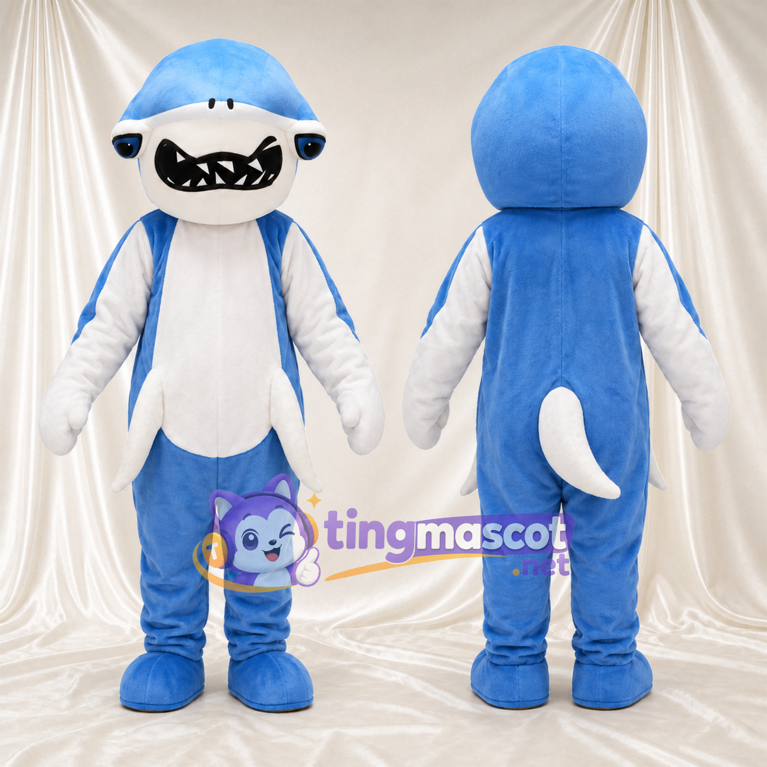Blue and White Shark Mascot Costume - Fins and Toothy Smile Blue and White Shark Mascot Costume - Fins and Toothy Smile