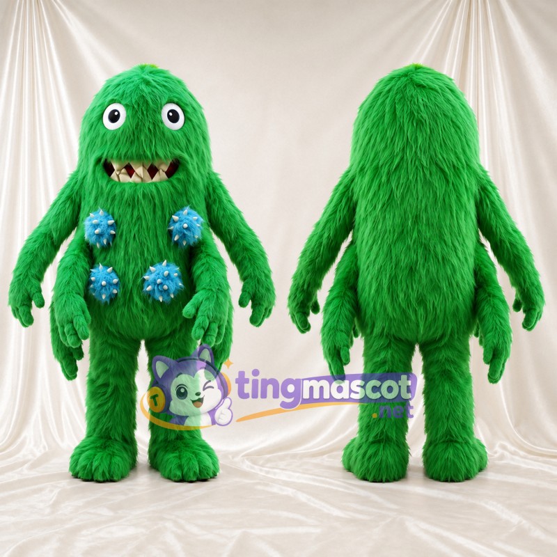 Green Monster Mascot Costume - Blue Head Tuft and Shaggy Fur