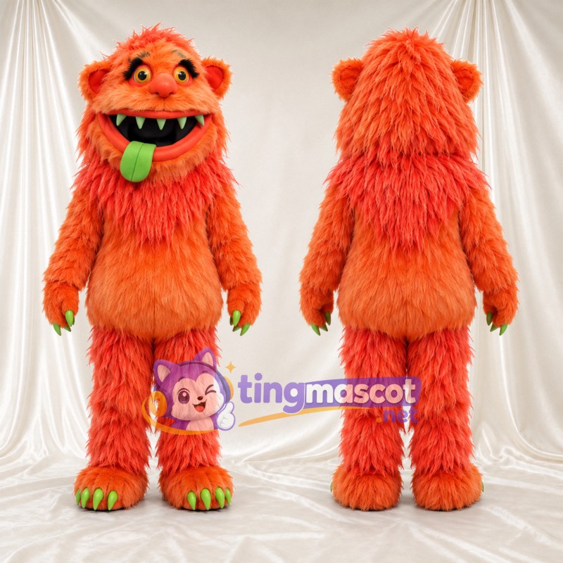 Costume de mascotte Monstre – orange – Gants (vert); Langue (vert)