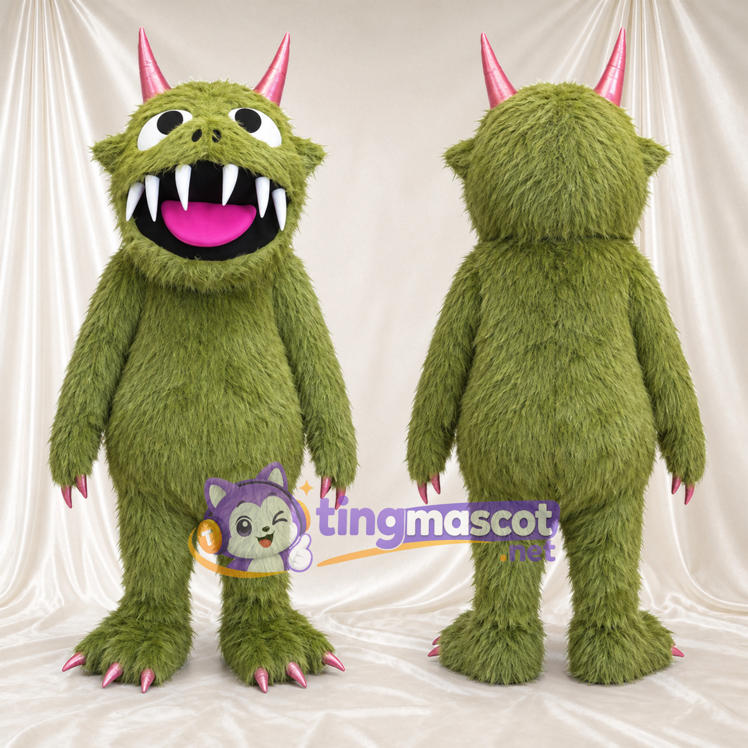 Costume de mascotte Monstre – olive – Cornes (rose); Crocs pointus Costume de mascotte Monstre – olive – Cornes (rose); Crocs pointus