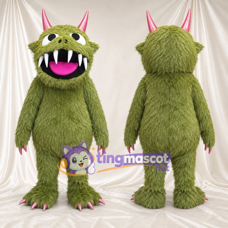 Costume de mascotte Monstre – olive – Cornes (rose); Crocs pointus