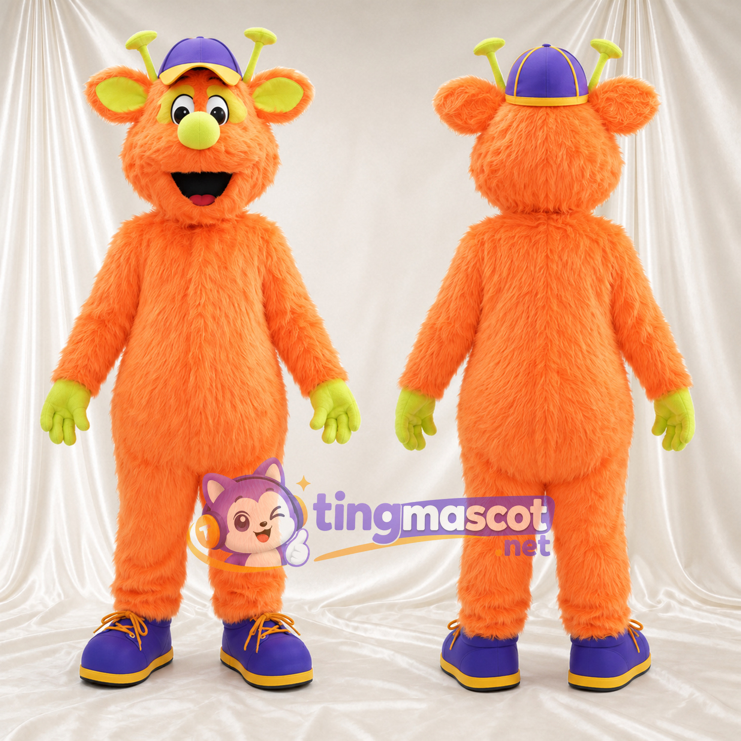Costume de mascotte Monstre – orange – Chapeau (violet); Pieds (violet) Costume de mascotte Monstre – orange – Chapeau (violet); Pieds (violet)