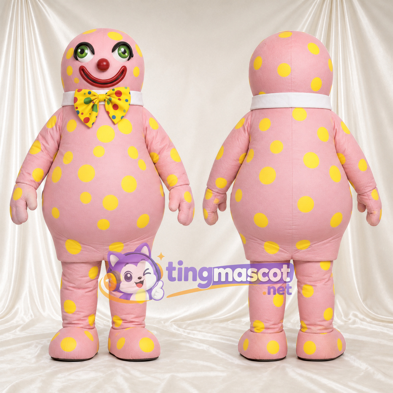 Costume de mascotte Clown – rose – Pois (jaune); Nœud papillon Costume de mascotte Clown – rose – Pois (jaune); Nœud papillon