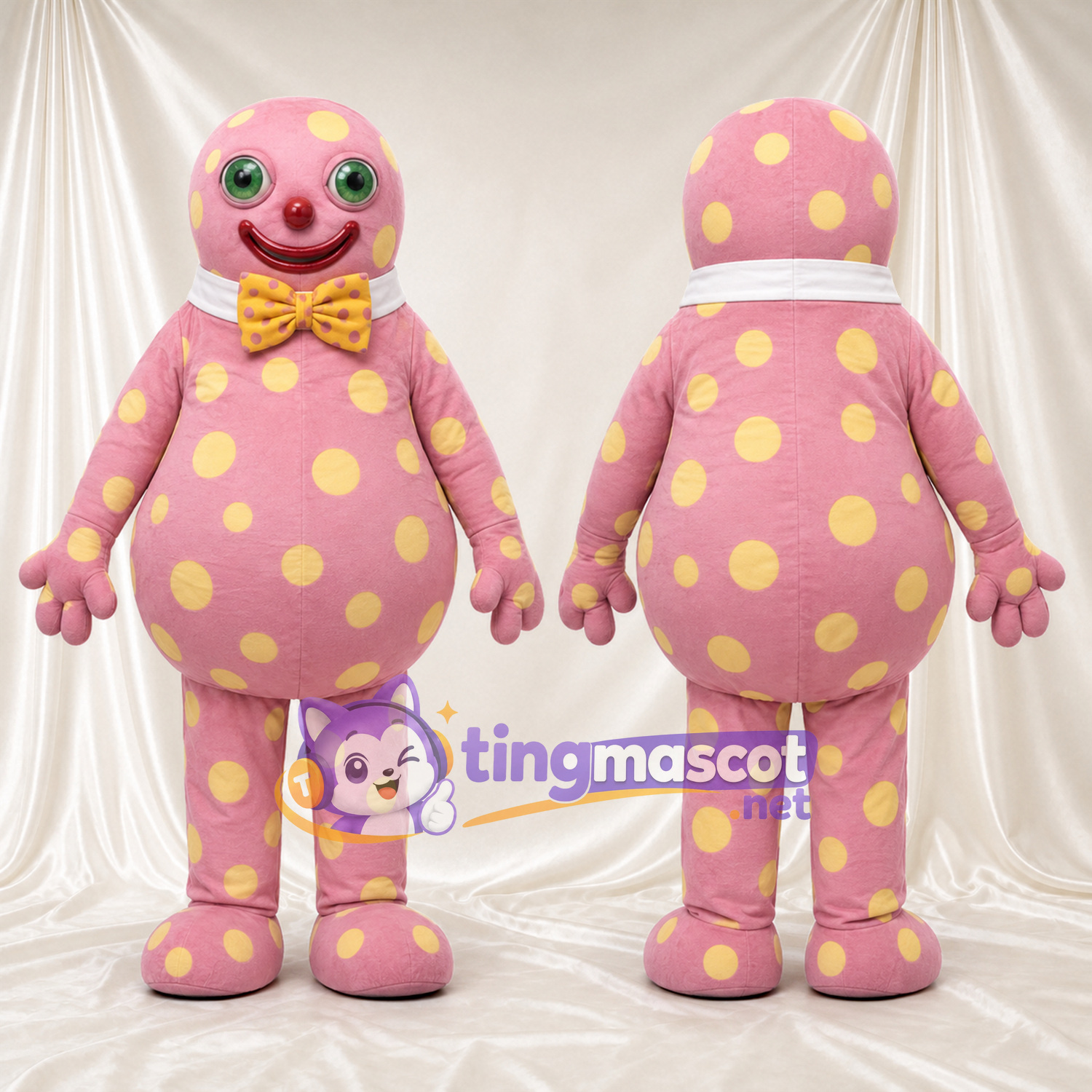 Costume de mascotte Clown – rose – Pois (jaune); Nœud papillon Costume de mascotte Clown – rose – Pois (jaune); Nœud papillon