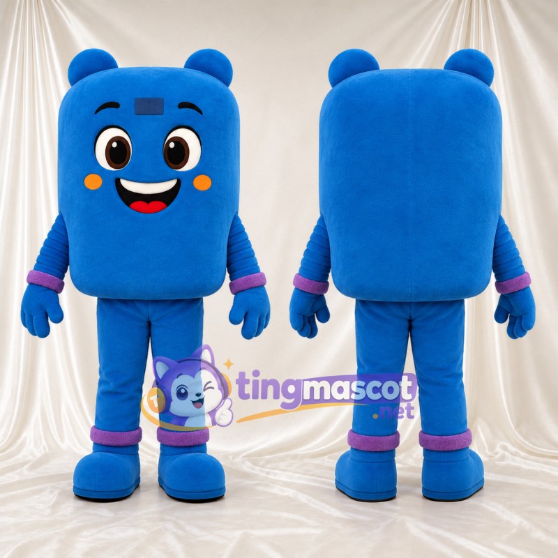 Costume de mascotte Monstre – bleu – Bandes aux poignets et aux chevilles (violet); Tête carrée