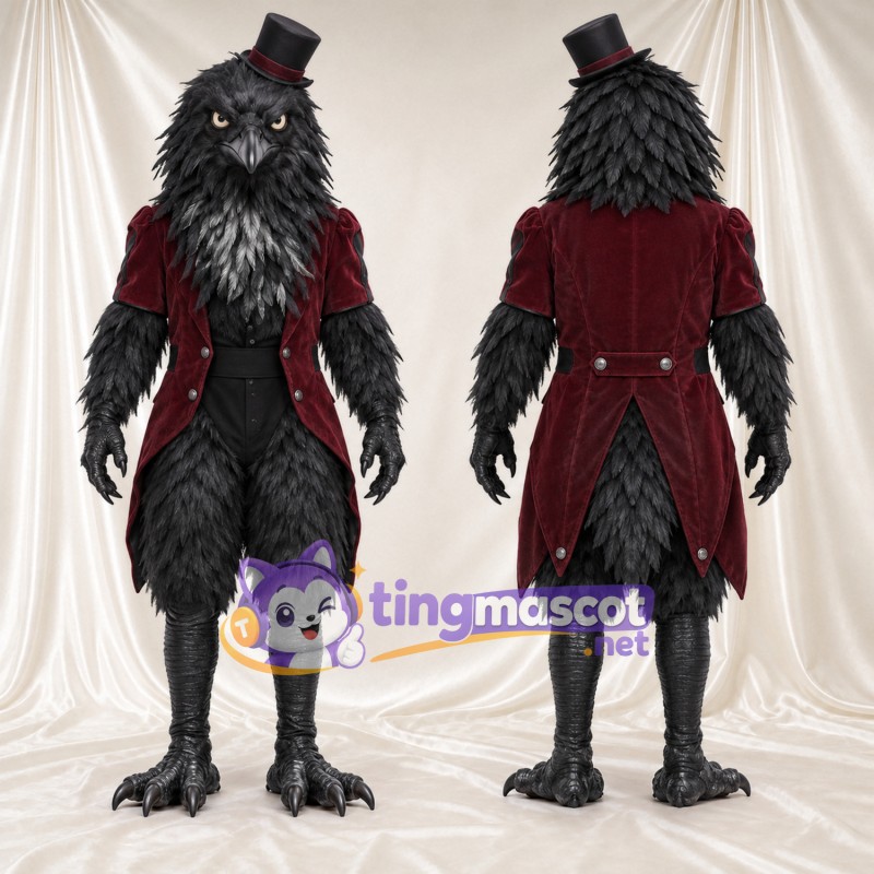 Costume de mascotte Corbeau – noir – Manteau (bordeaux); Haut-de-forme