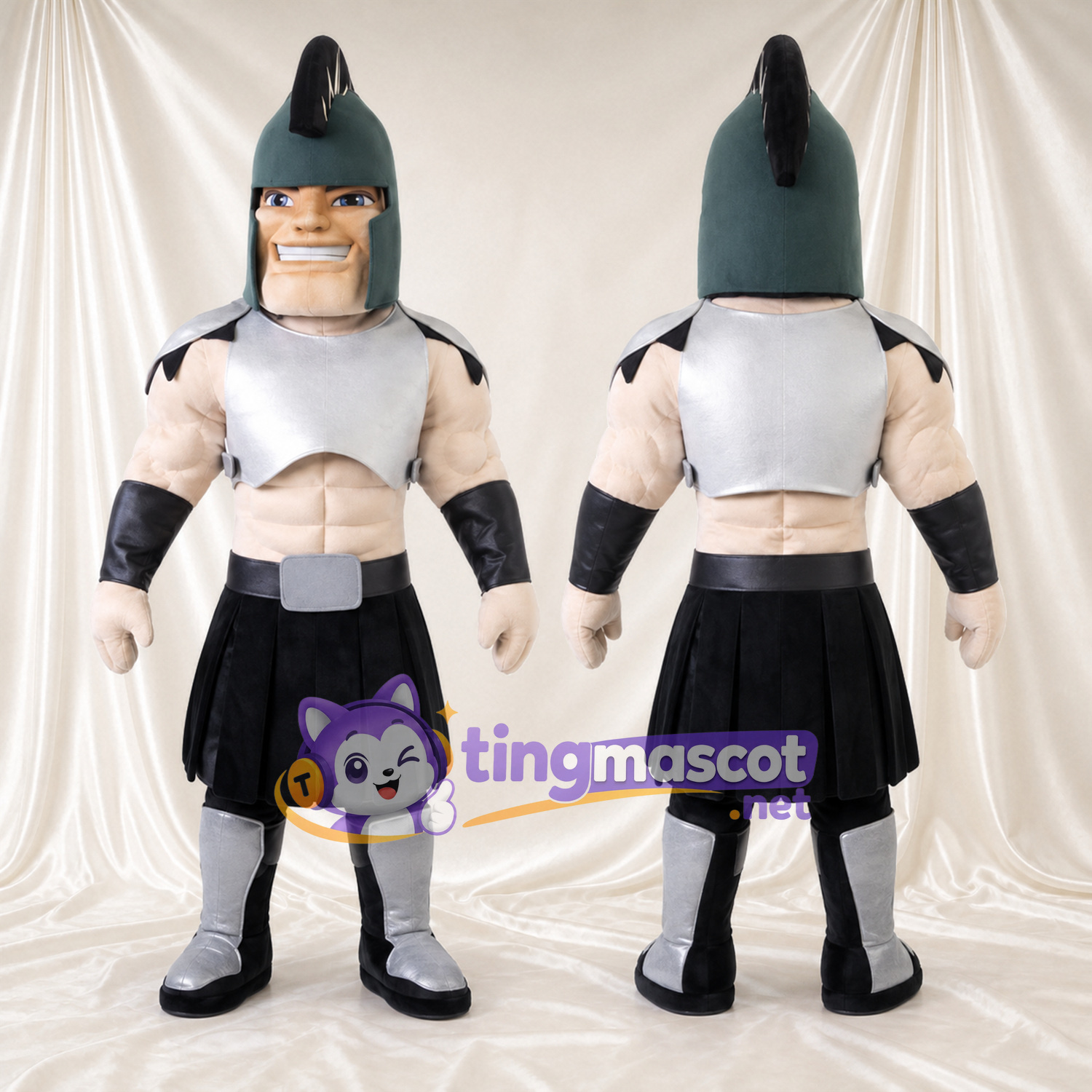 Costume de mascotte Soldat romain – argenté / noir – Armure (argenté); Jupe (noir) Costume de mascotte Soldat romain – argenté / noir – Armure (argenté); Jupe (noir)