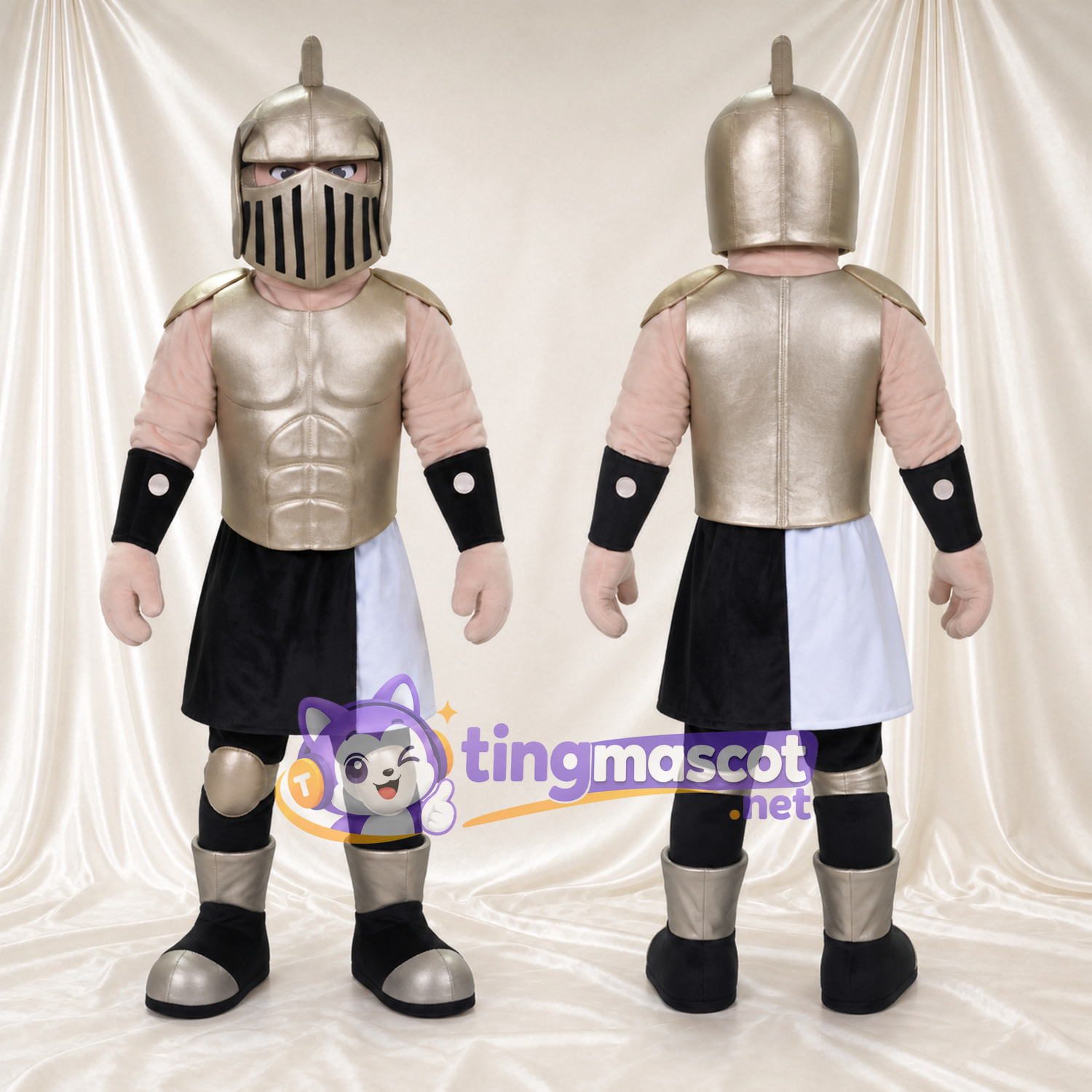 Costume de mascotte Chevalier – argenté / noir – Armure (argenté); Jupe (noir) Costume de mascotte Chevalier – argenté / noir – Armure (argenté); Jupe (noir)