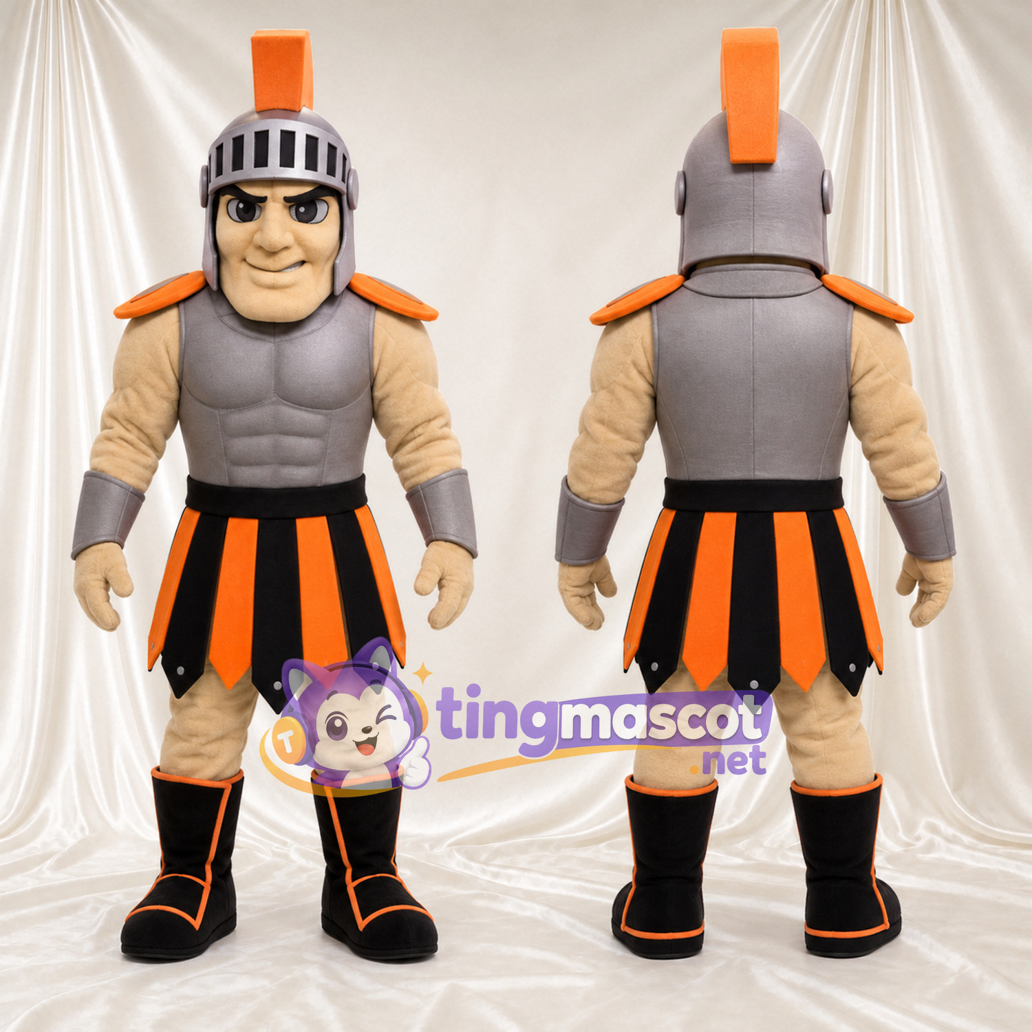 Costume de mascotte Chevalier – argenté / orange – Armure (argenté); Jupe (orange) Costume de mascotte Chevalier – argenté / orange – Armure (argenté); Jupe (orange)
