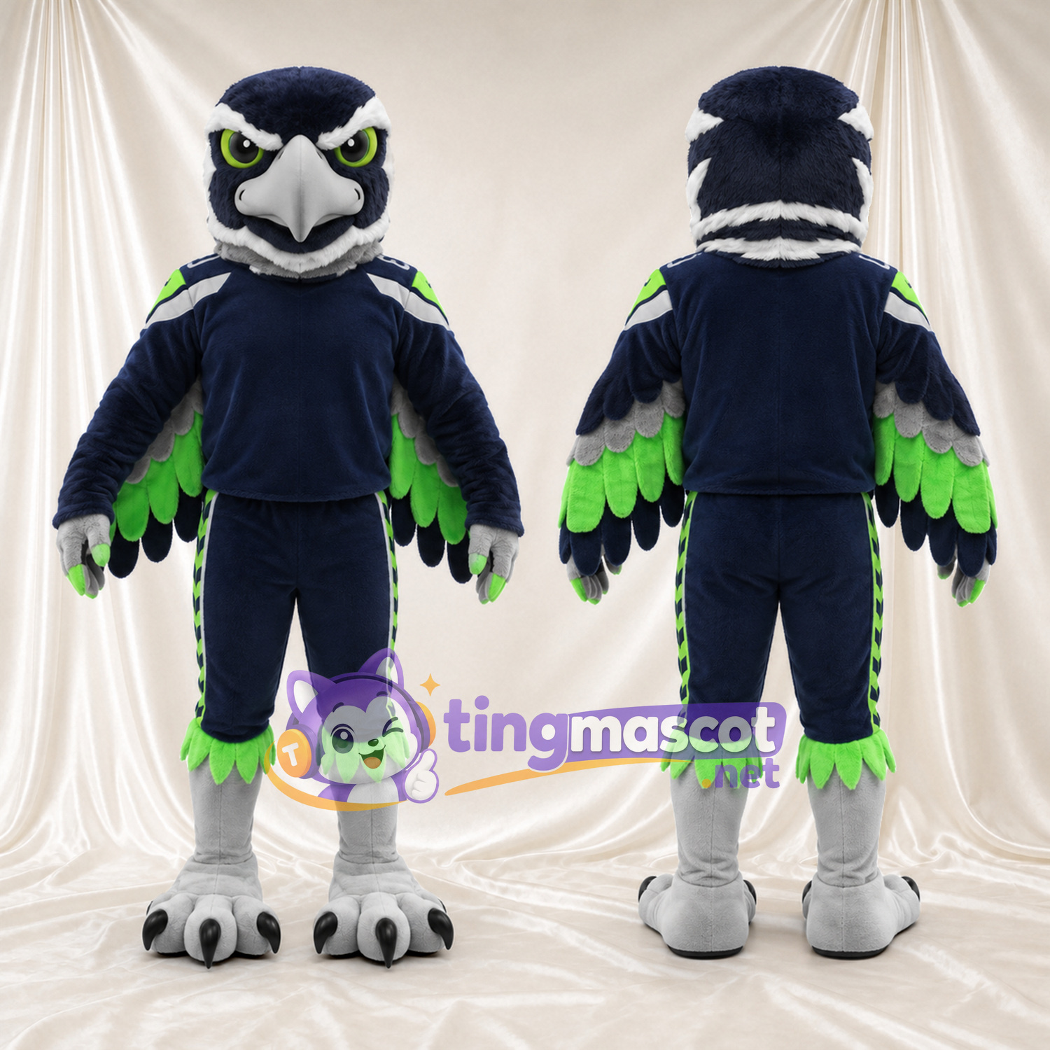 Costume de mascotte Faucon – bleu marine / vert – Bec (gris); Ailes