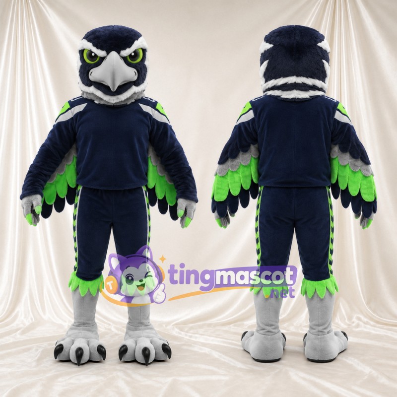 Costume de mascotte Faucon – bleu marine / vert – Bec (gris); Ailes