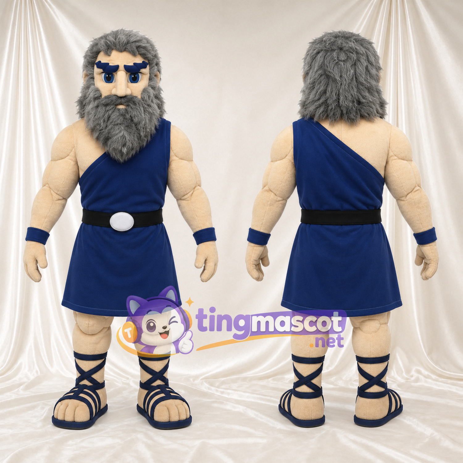 Costume de mascotte Dieu grec – bleu / gris – Tunique (bleu); Barbe (gris) Costume de mascotte Dieu grec – bleu / gris – Tunique (bleu); Barbe (gris)