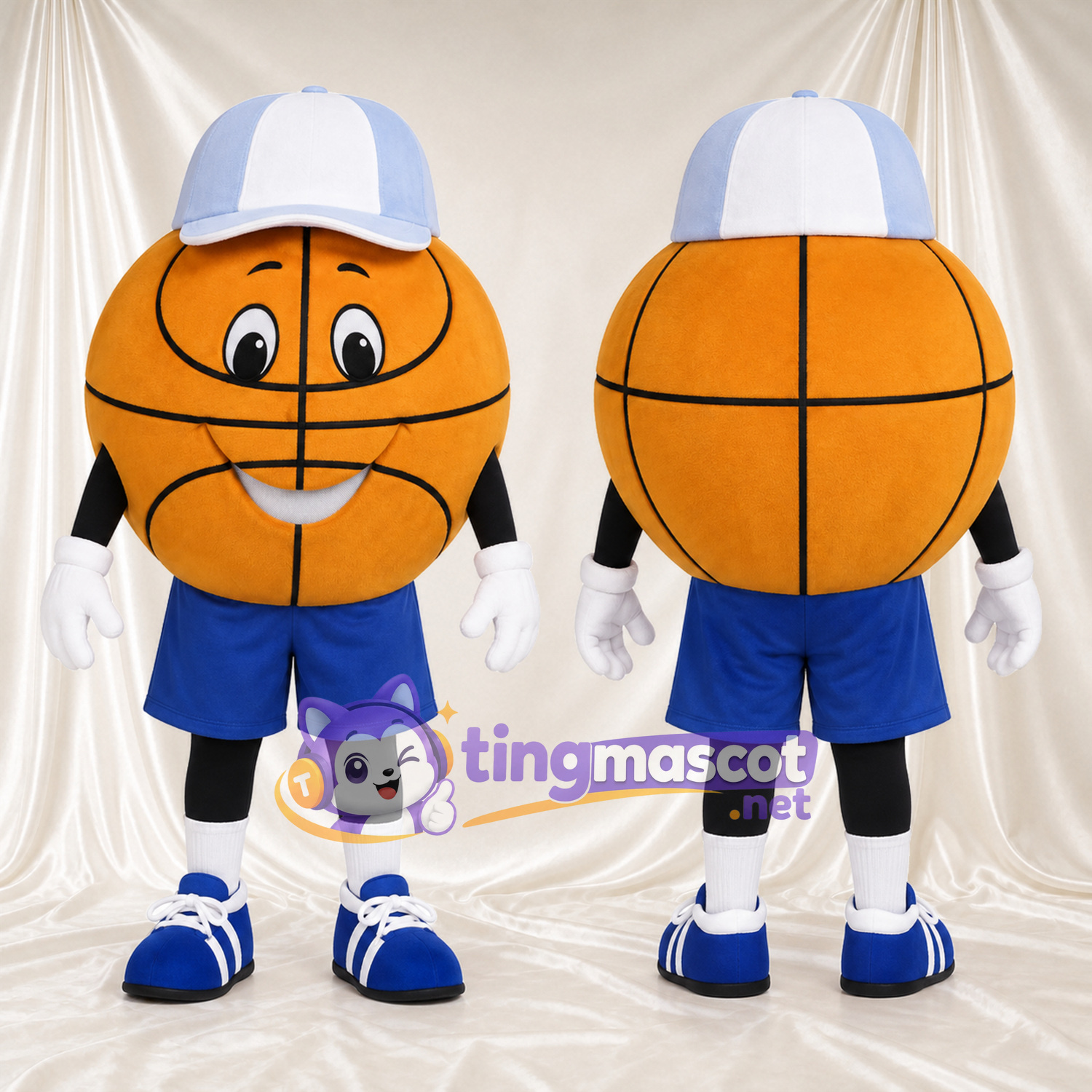 Costume de mascotte Ballon de basket – orange – Short (bleu); Casquette (blanc) Costume de mascotte Ballon de basket – orange – Short (bleu); Casquette (blanc)