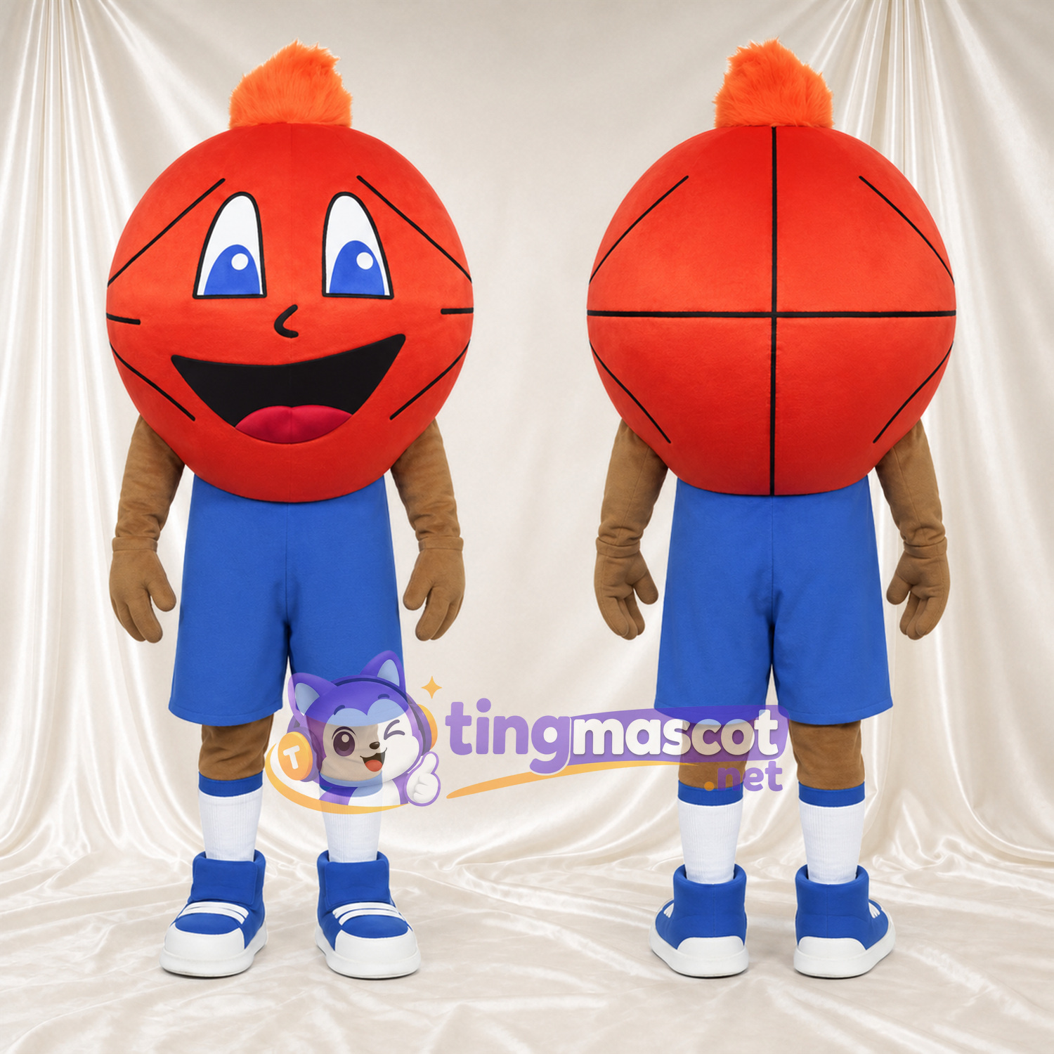 Costume de mascotte Ballon de basket – rouge – Tenue de sport (bleu) Costume de mascotte Ballon de basket – rouge – Tenue de sport (bleu)