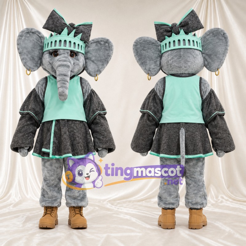 Costume de mascotte Éléphant – gris – Couronne (turquoise); Robe (noir)