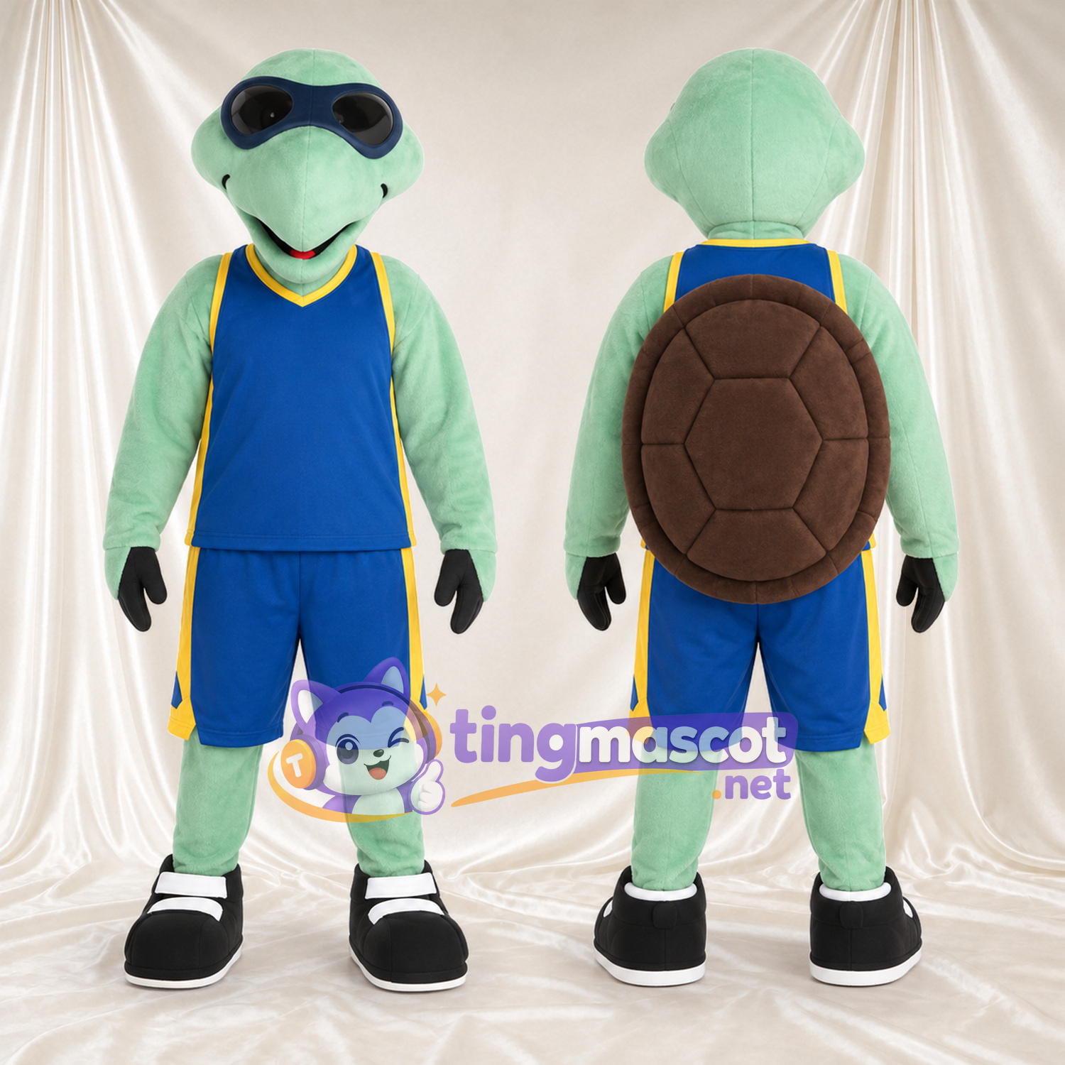 Green Turtle Mascot Costume - Blue Sports Uniform and Sunglasses Green Turtle Mascot Costume - Blue Sports Uniform and Sunglasses
