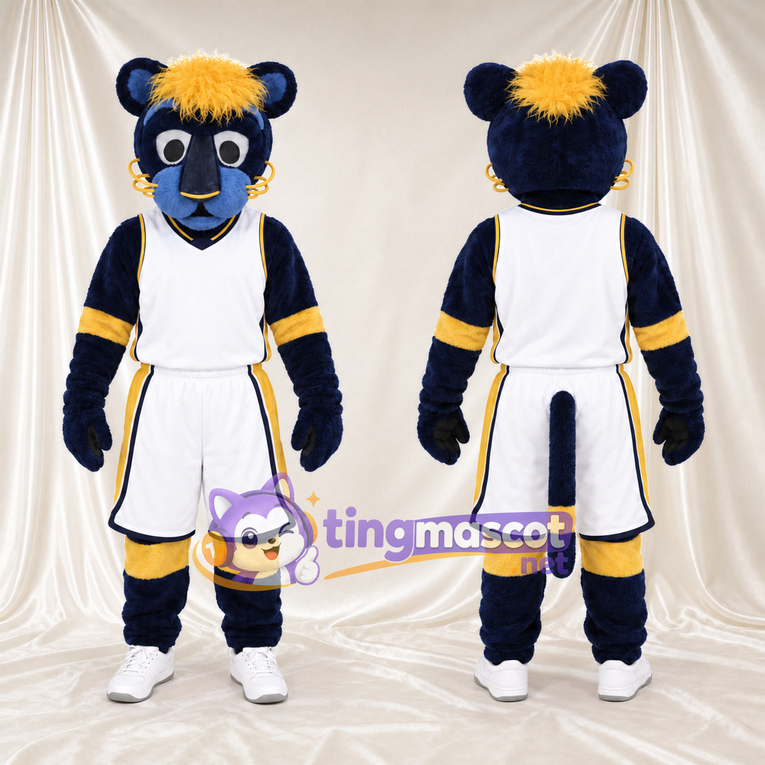 Maskottchenkostüm Bär – blau – Sporttrikot (weiß / gelb) Maskottchenkostüm Bär – blau – Sporttrikot (weiß / gelb)