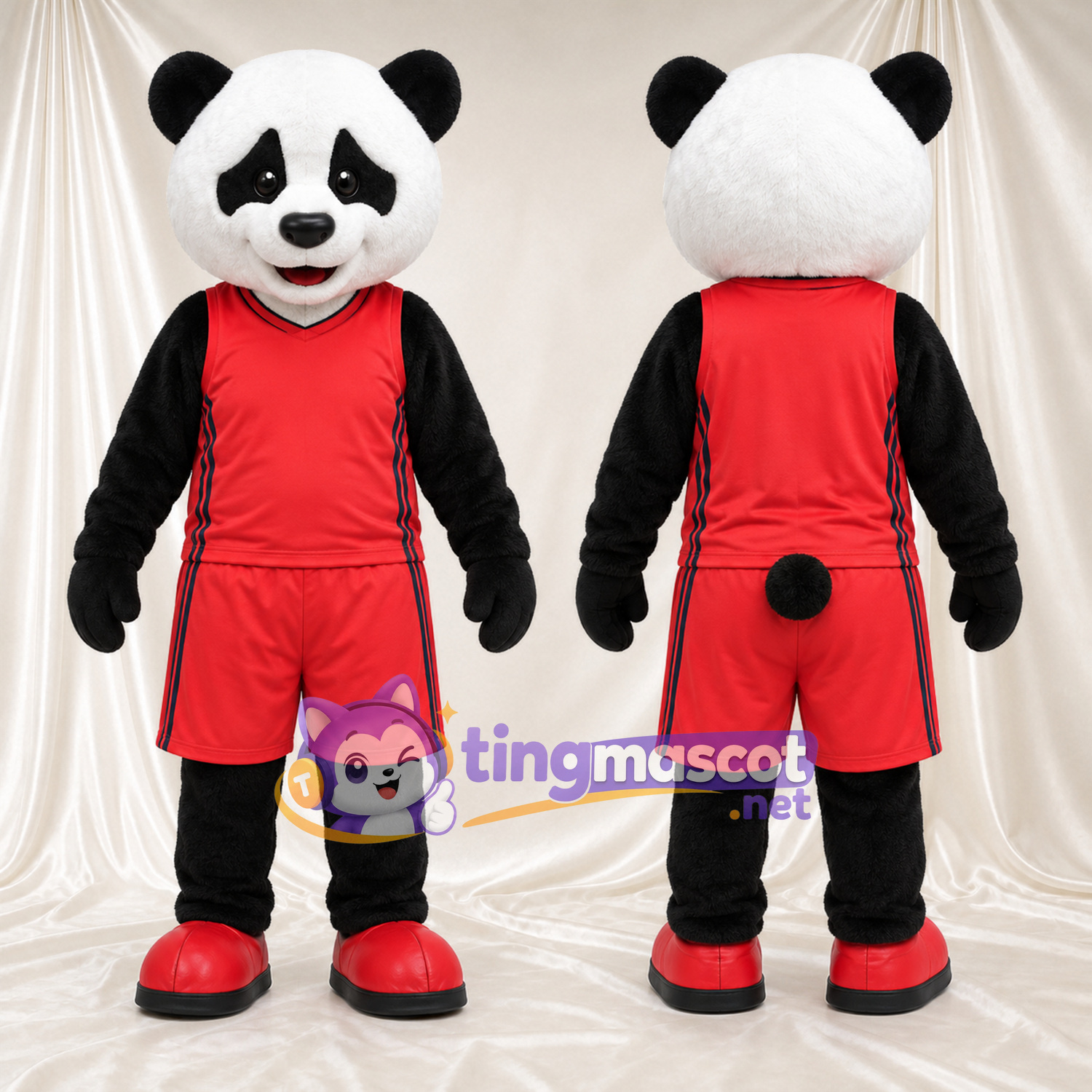 Black and White Panda Mascot Costume - Red Sports Uniform Black and White Panda Mascot Costume - Red Sports Uniform