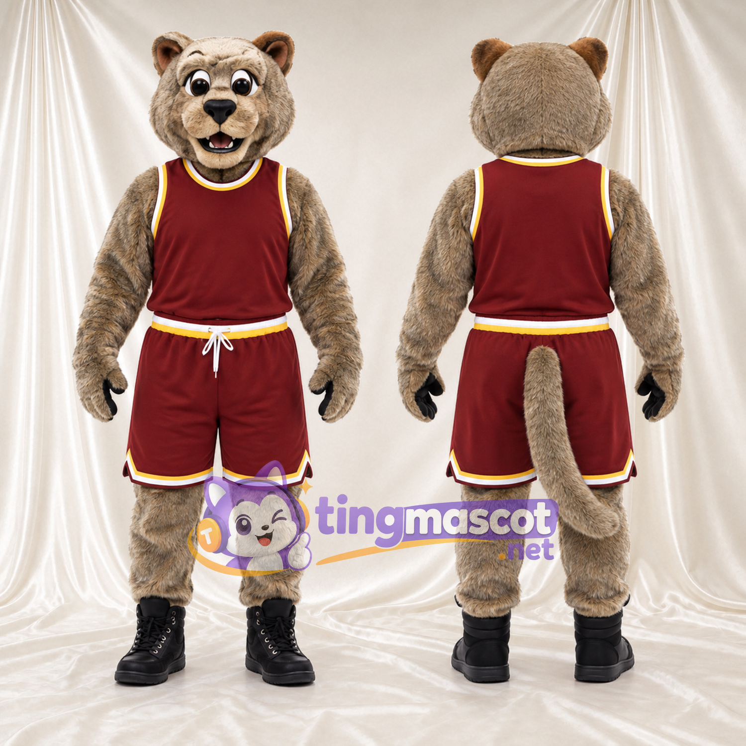 Maskottchenkostüm Bär – braun – Sporttrikot (bordeauxrot) Maskottchenkostüm Bär – braun – Sporttrikot (bordeauxrot)
