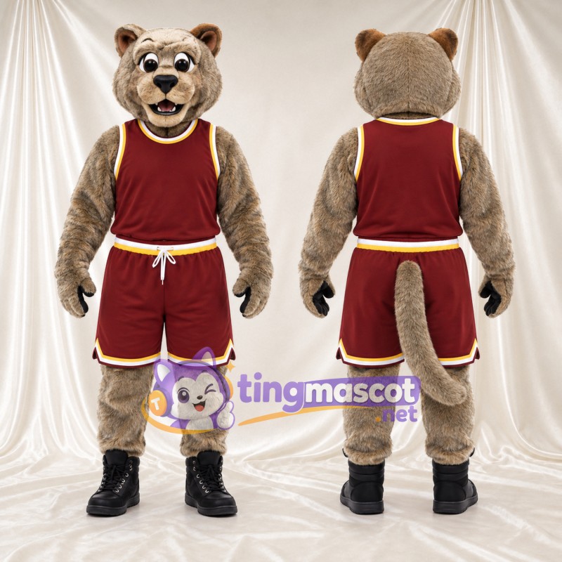 Maskottchenkostüm Bär – braun – Sporttrikot (bordeauxrot)