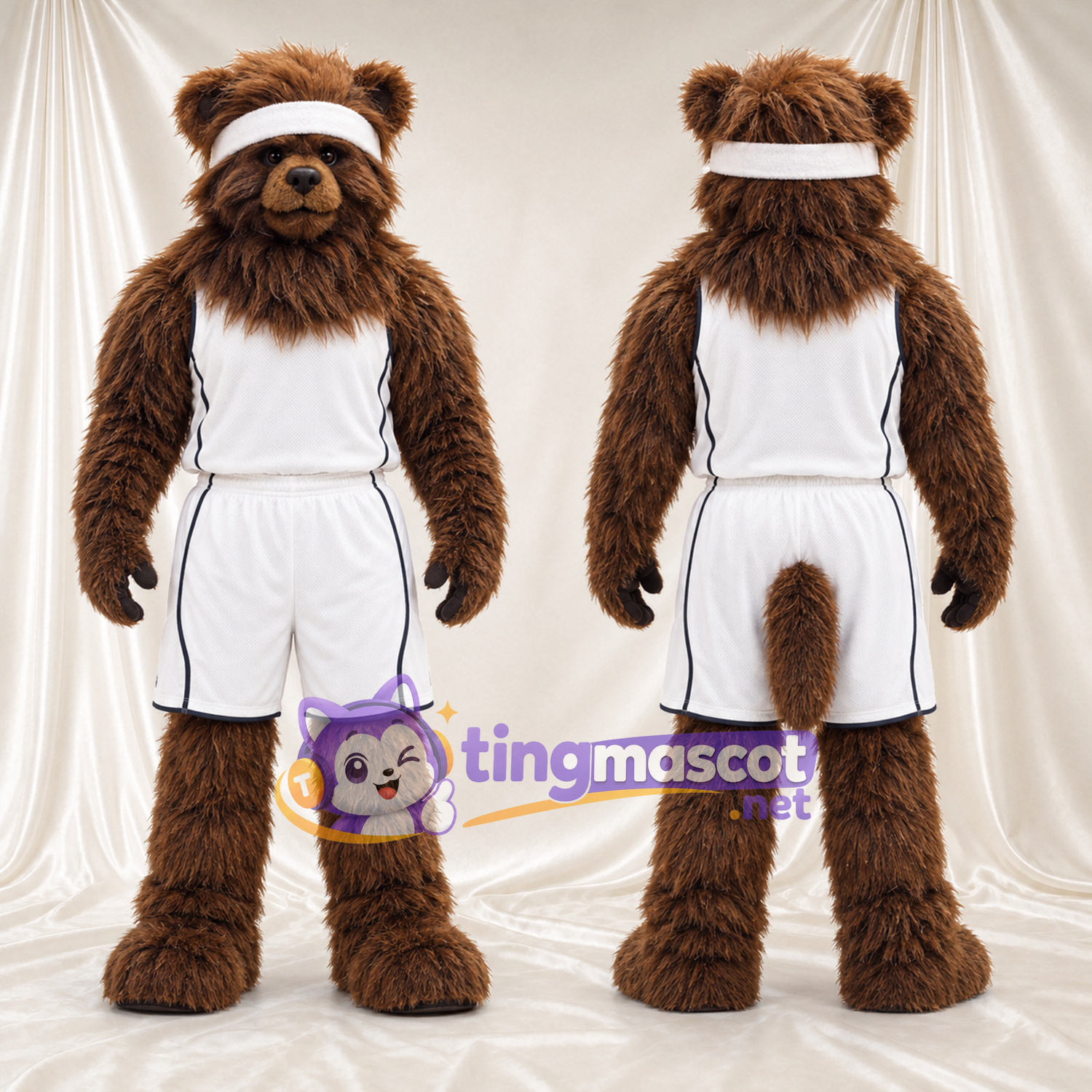 Maskottchenkostüm Bär – braun – Sporttrikot (weiß); Stirnband Maskottchenkostüm Bär – braun – Sporttrikot (weiß); Stirnband