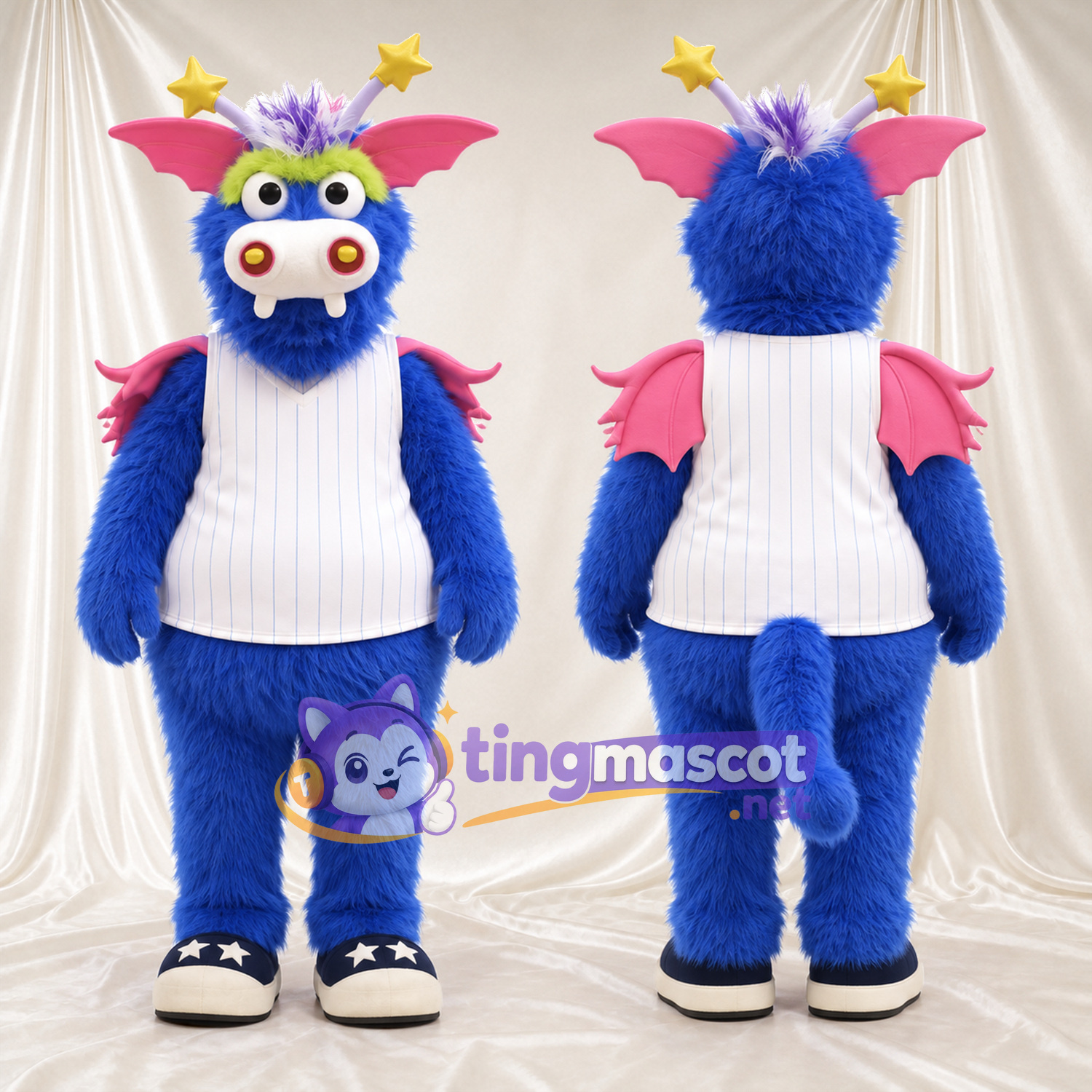 Costume de mascotte Monstre – bleu – Chemise (blanc); Ailes (rose) Costume de mascotte Monstre – bleu – Chemise (blanc); Ailes (rose)