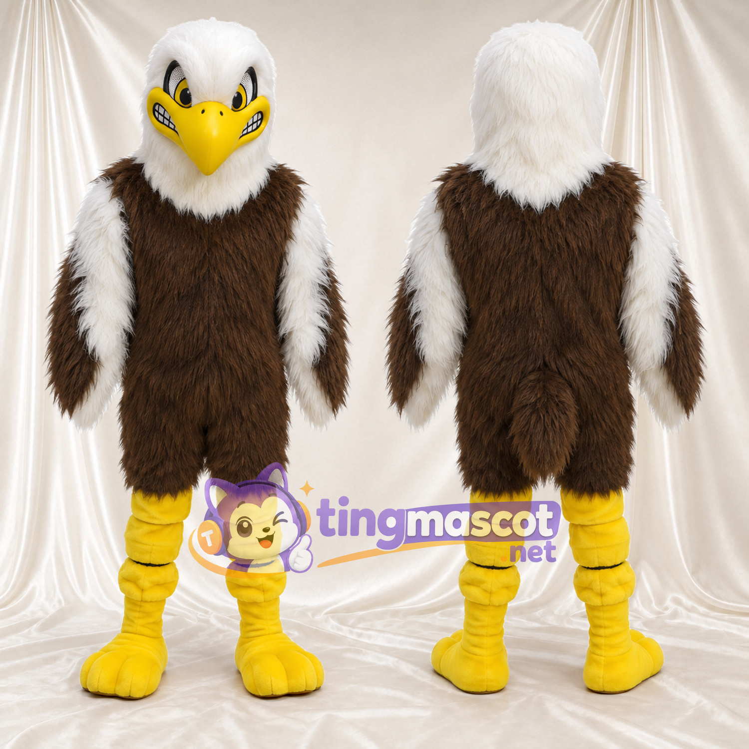Costume de mascotte Aigle – marron – Tête (blanc); Bouts des ailes (blanc) Costume de mascotte Aigle – marron – Tête (blanc); Bouts des ailes (blanc)
