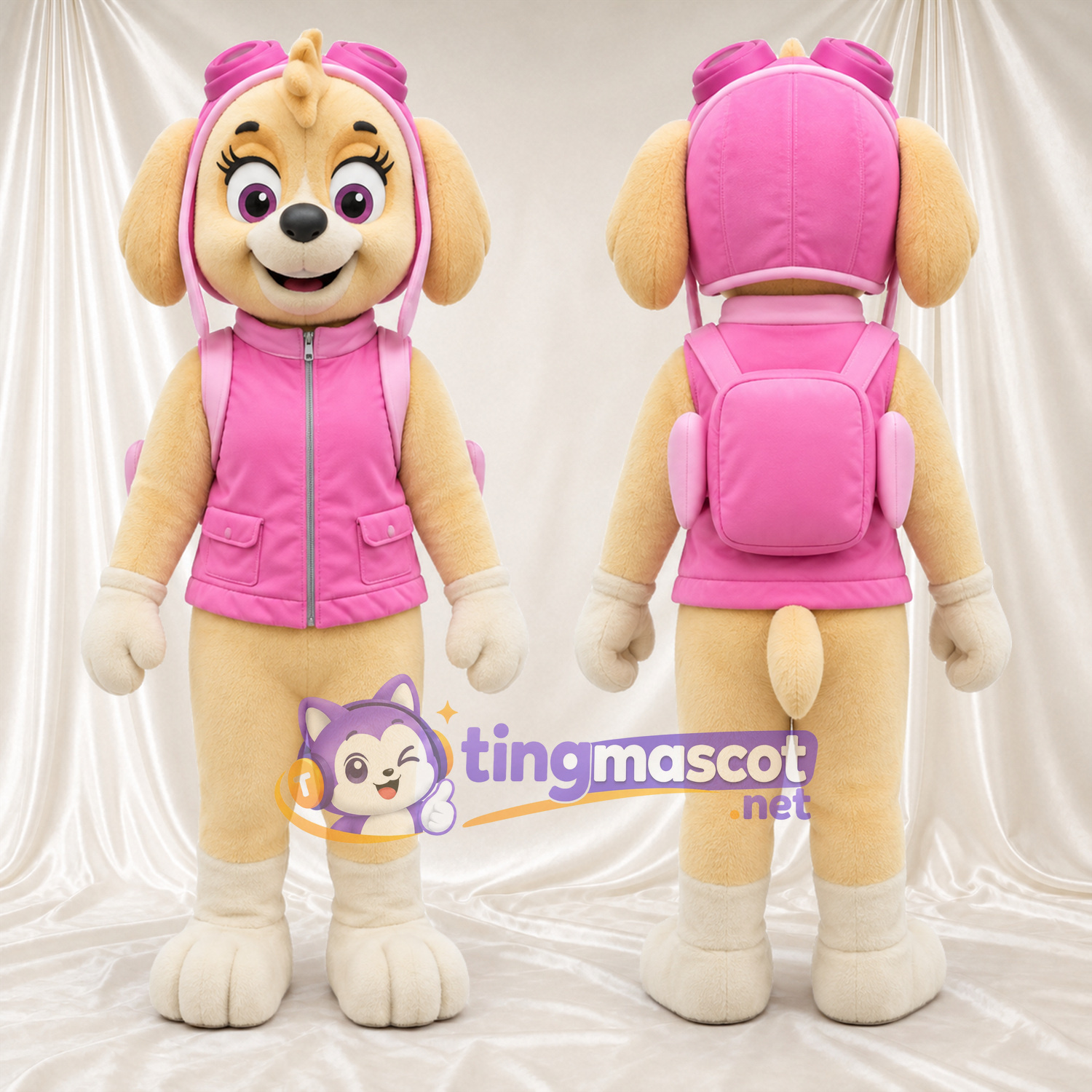 Maskottchenkostüm Pilotenhund – hellbraun – Weste (rosa) Maskottchenkostüm Pilotenhund – hellbraun – Weste (rosa)