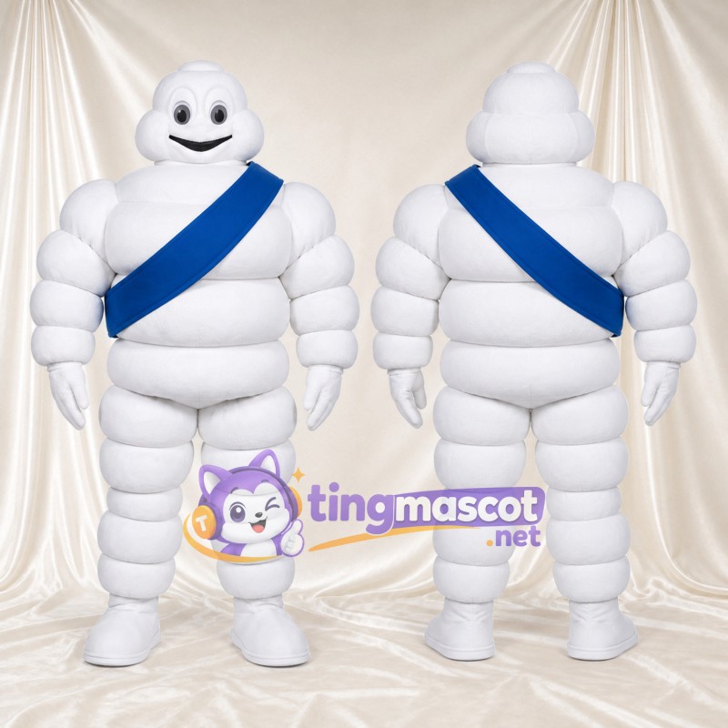 Costume de mascotte Bibendum – blanc – Écharpe en bandoulière (bleu)