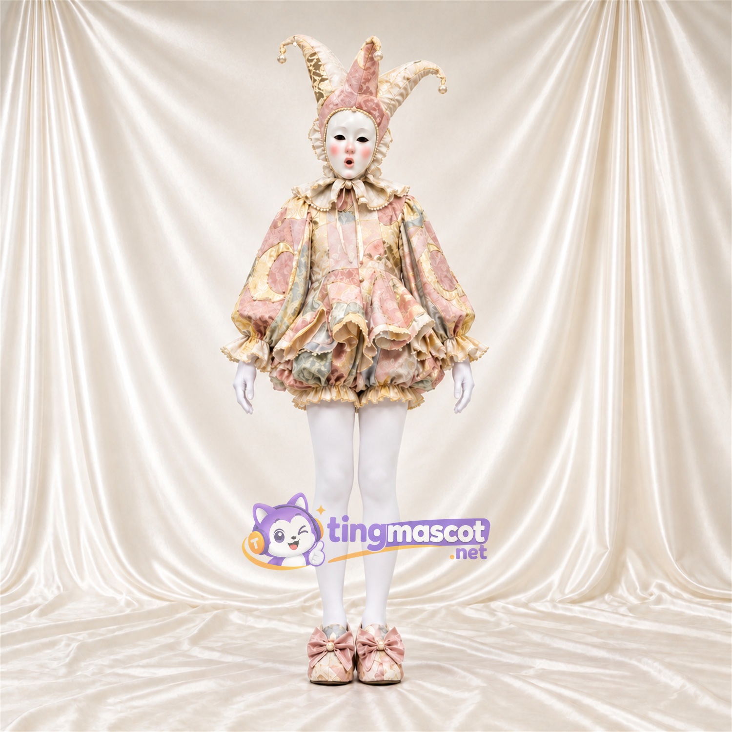 Costume de mascotte Bouffon – crème – Costume richement orné Costume de mascotte Bouffon – crème – Costume richement orné