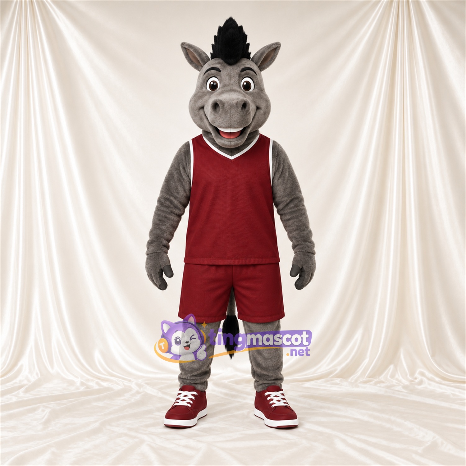 Costume de mascotte Âne – gris – Tenue de sport (bordeaux) Costume de mascotte Âne – gris – Tenue de sport (bordeaux)