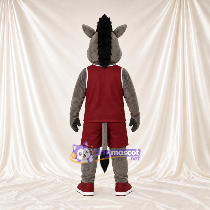 Costume de mascotte Âne – gris – Tenue de sport (bordeaux) Costume de mascotte Âne – gris – Tenue de sport (bordeaux)