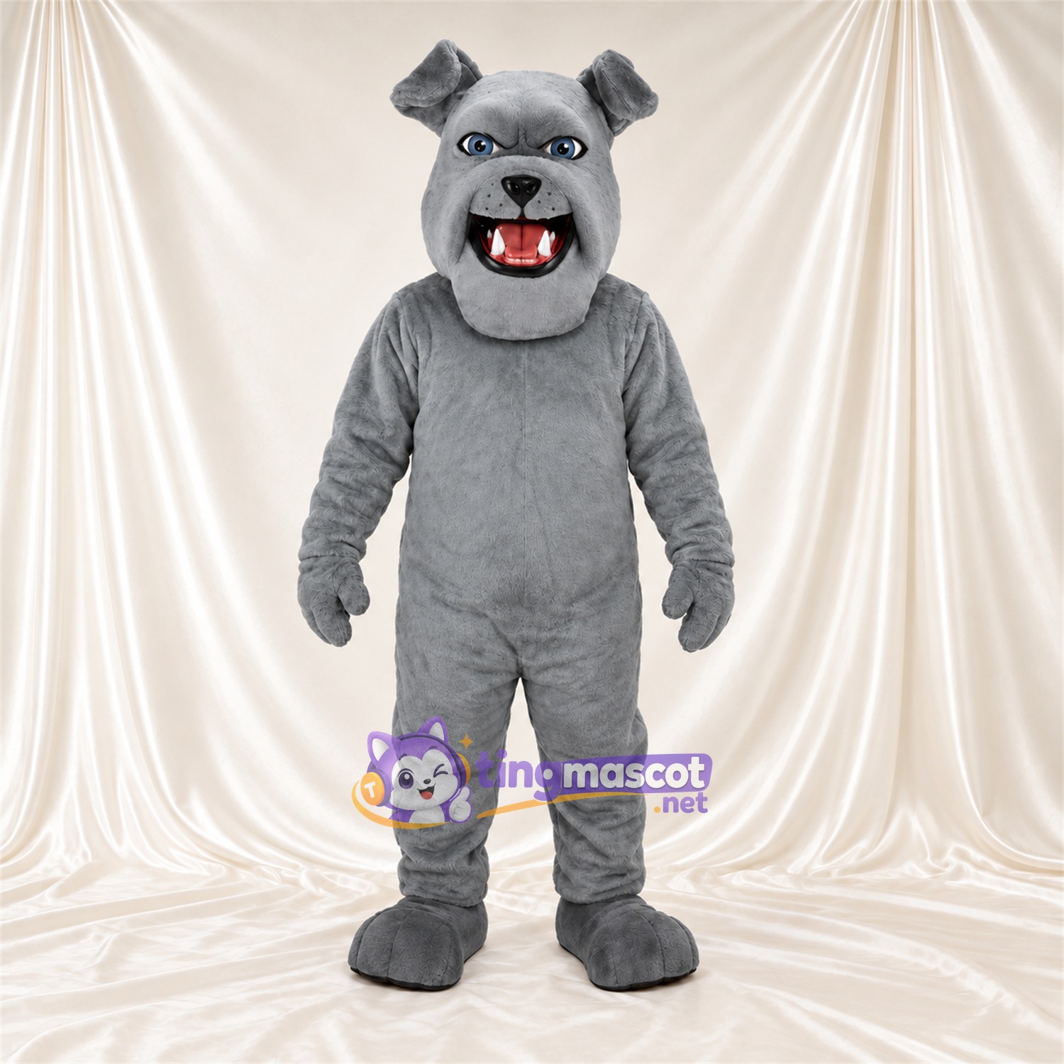 Costume de mascotte Bouledogue – gris – Bouche ouverte; Crocs pointus Costume de mascotte Bouledogue – gris – Bouche ouverte; Crocs pointus