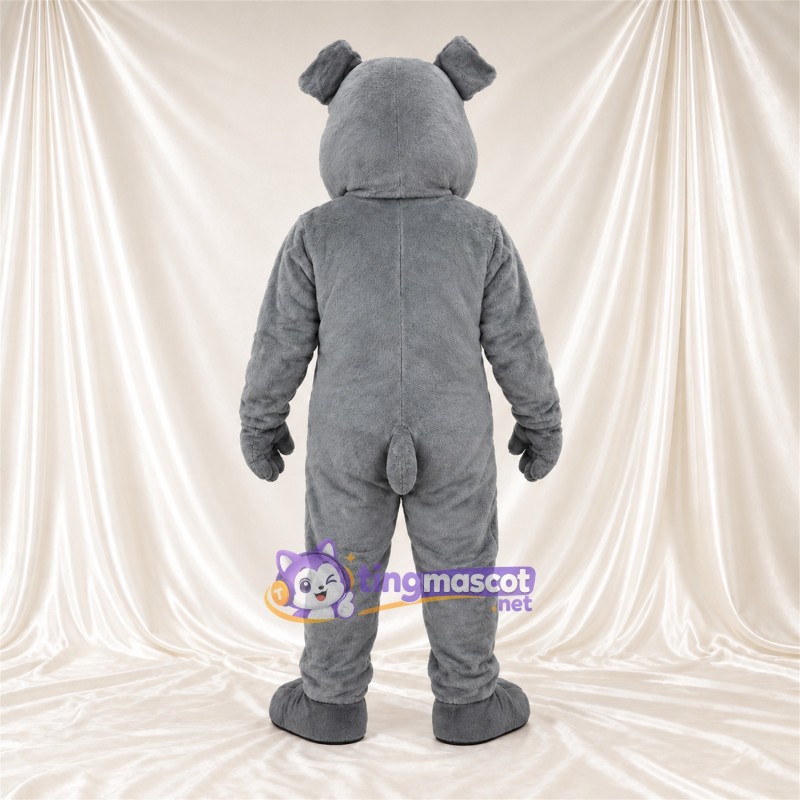 Costume de mascotte Bouledogue – gris – Bouche ouverte; Crocs pointus Costume de mascotte Bouledogue – gris – Bouche ouverte; Crocs pointus