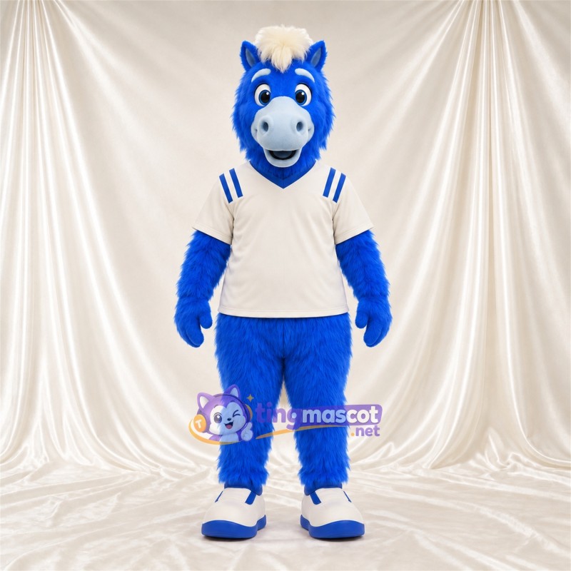 Costume de mascotte Cheval – bleu – Chemise (blanc); Visage souriant Costume de mascotte Cheval – bleu – Chemise (blanc); Visage souriant