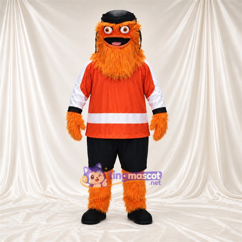 Orange Gritty Mascot Costume - Orange Hockey Jersey and Black Helmet Orange Gritty Mascot Costume - Orange Hockey Jersey and Black Helmet