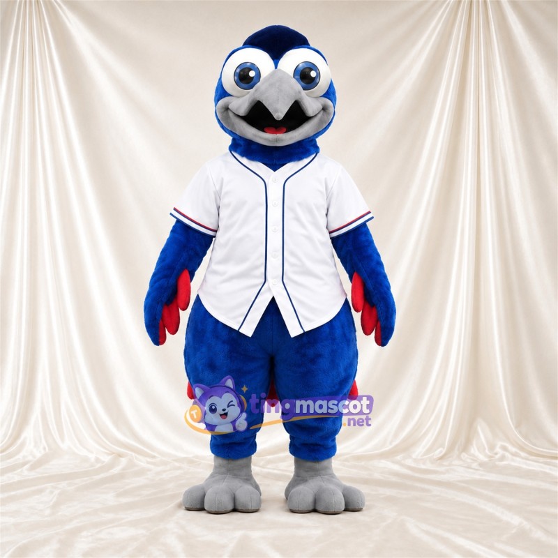 Maskottchenkostüm Vogel – blau – Baseballtrikot (weiß) Maskottchenkostüm Vogel – blau – Baseballtrikot (weiß)