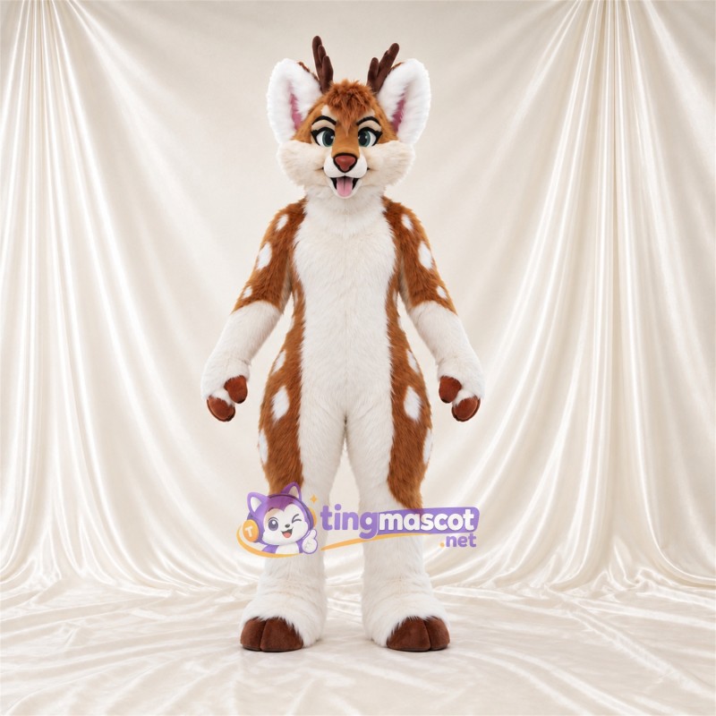 Brown and White Fantasy Creature Mascot Costume - Branched Antlers, Spotted Fur and Curled Tail Brown and White Fantasy Creature Mascot Costume - Branched Antlers, Spotted Fur and Curled Tail