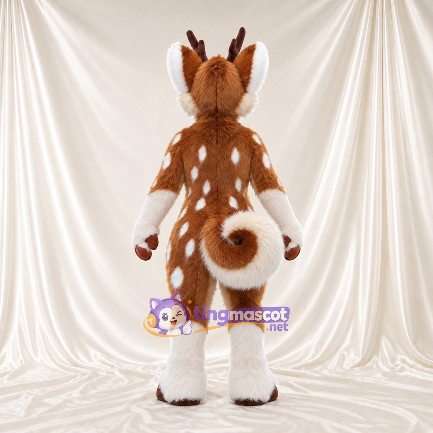 Brown and White Fantasy Creature Mascot Costume - Branched Antlers, Spotted Fur and Curled Tail Brown and White Fantasy Creature Mascot Costume - Branched Antlers, Spotted Fur and Curled Tail