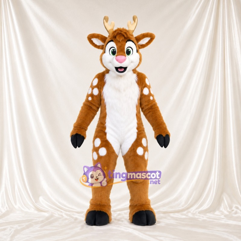 Costume de mascotte Cerf – marron – Nez (rose); Taches (blanc) Costume de mascotte Cerf – marron – Nez (rose); Taches (blanc)