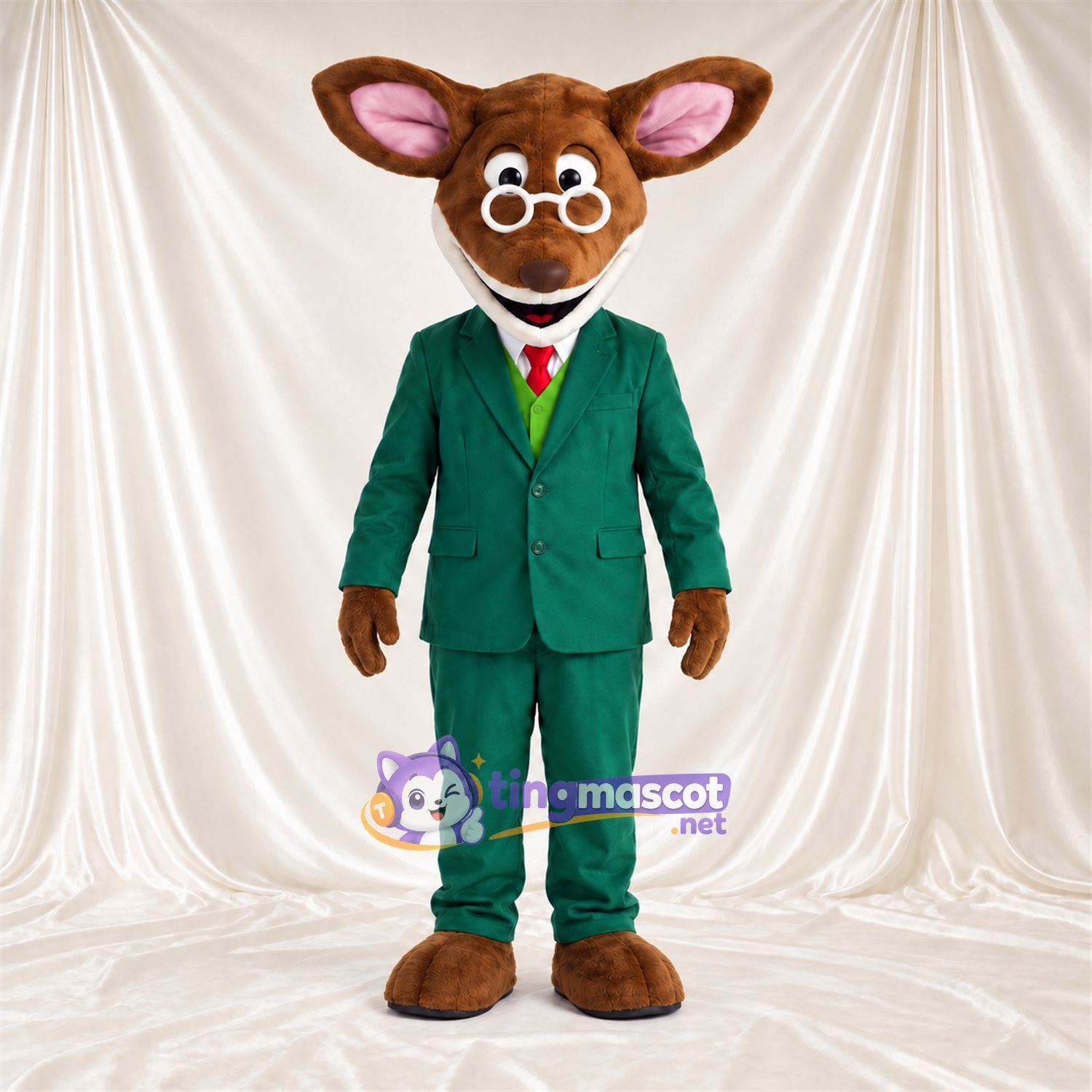 Maskottchenkostüm Hirsch – braun – Anzug (grün); Brille Maskottchenkostüm Hirsch – braun – Anzug (grün); Brille