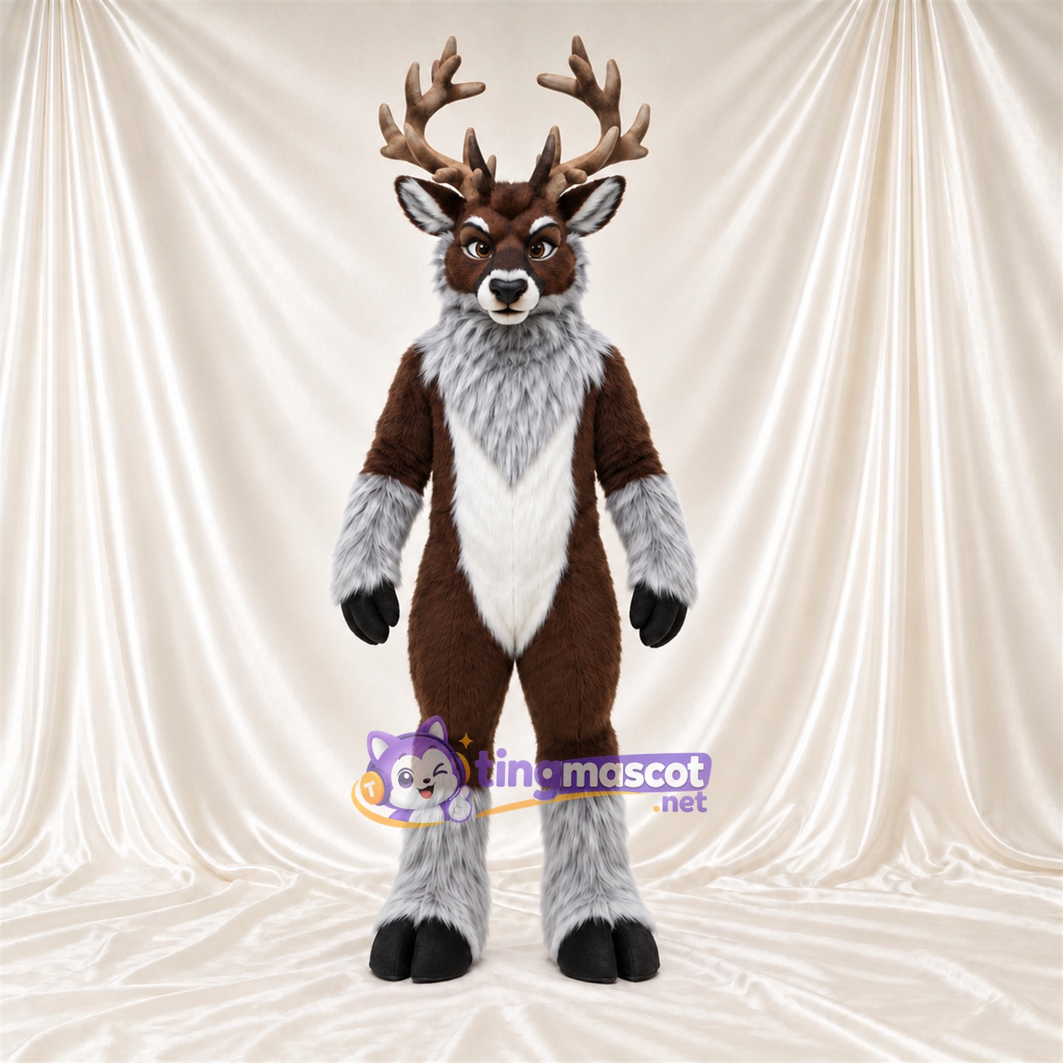Maskottchenkostüm Hirsch – braun – Halskrause (grau); Handgelenkmanschetten (weiß) Maskottchenkostüm Hirsch – braun – Halskrause (grau); Handgelenkmanschetten (weiß)