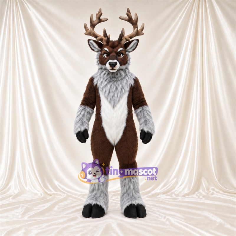 Maskottchenkostüm Hirsch – braun – Halskrause (grau); Handgelenkmanschetten (weiß) Maskottchenkostüm Hirsch – braun – Halskrause (grau); Handgelenkmanschetten (weiß)