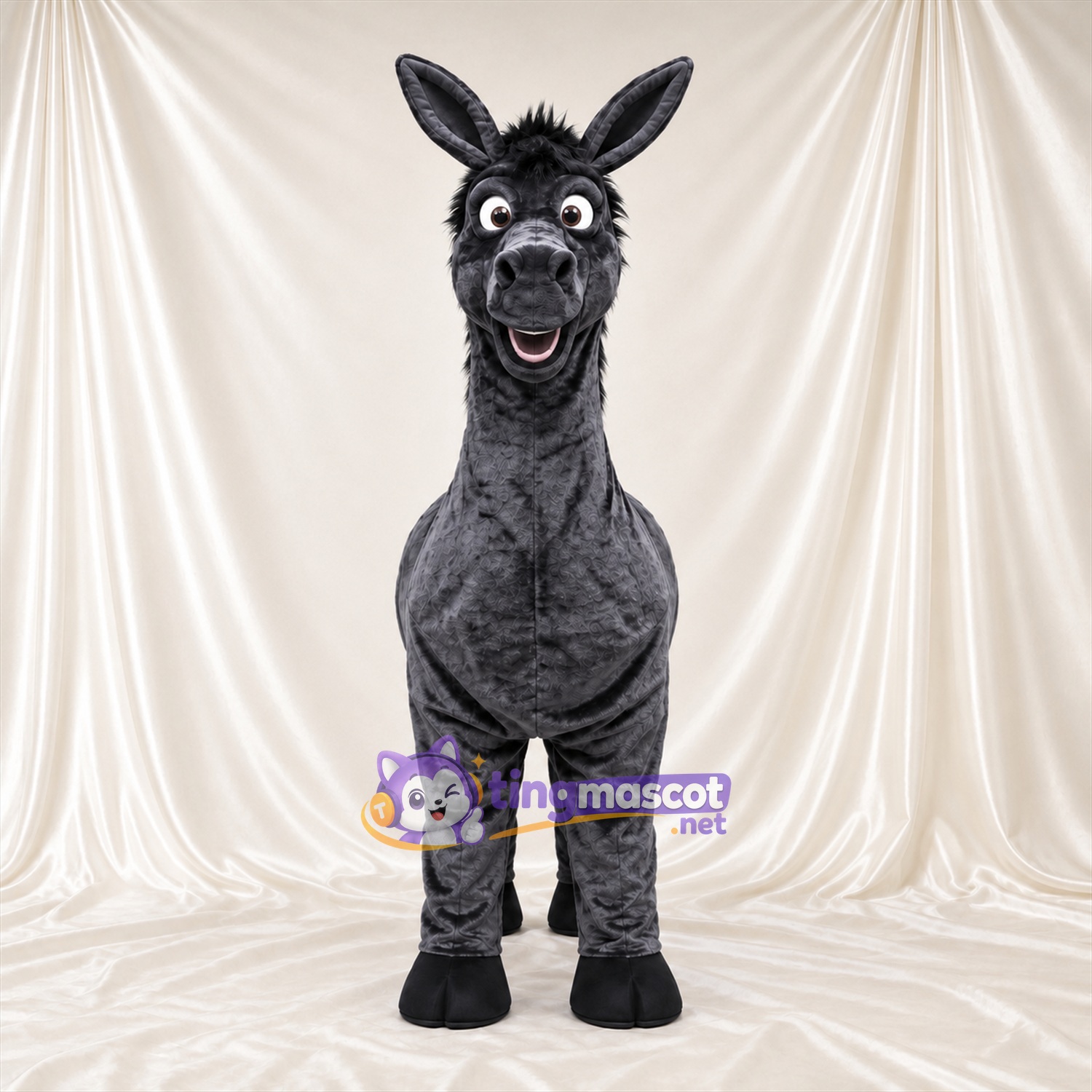 Costume de mascotte Âne – gris – Crinière (noir); Museau allongé Costume de mascotte Âne – gris – Crinière (noir); Museau allongé