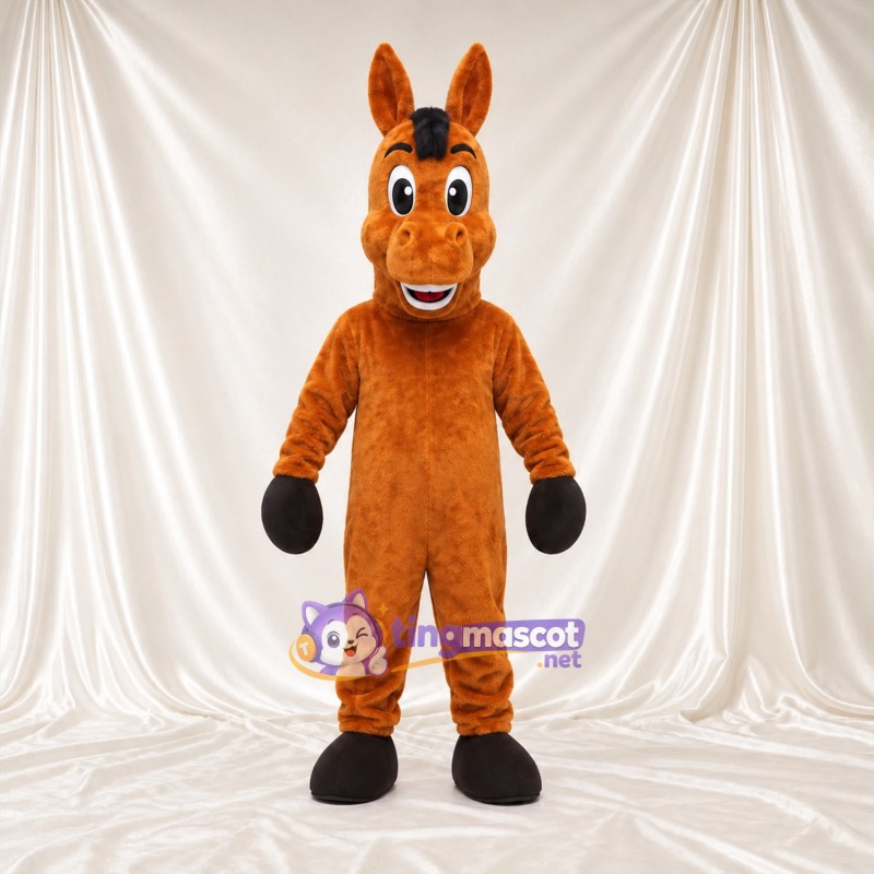 Costume de mascotte Âne – orange – Crinière (noir); Sourire avec dents Costume de mascotte Âne – orange – Crinière (noir); Sourire avec dents