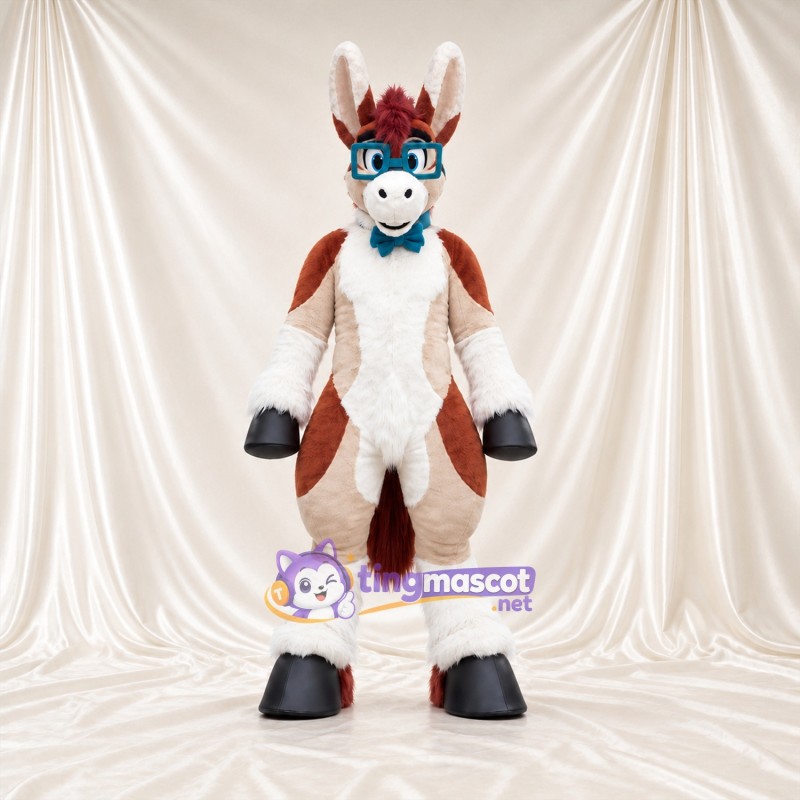 Costume de mascotte Âne – marron / blanc – Lunettes (bleu); Nœud papillon Costume de mascotte Âne – marron / blanc – Lunettes (bleu); Nœud papillon