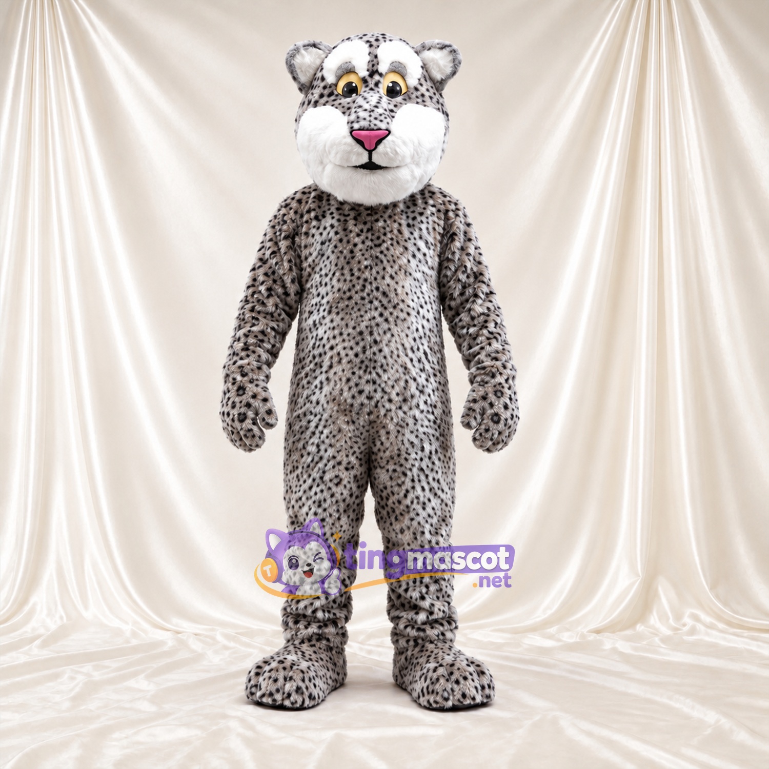 Costume de mascotte Léopard – gris – Ventre (blanc); Queue rayée (blanc) Costume de mascotte Léopard – gris – Ventre (blanc); Queue rayée (blanc)